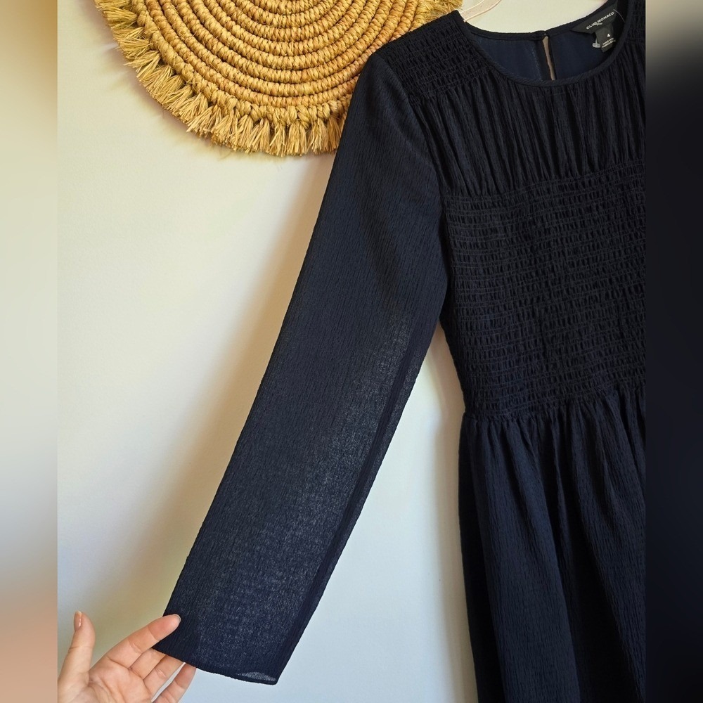 Club Monaco NEW Navy Blue Smocked Long Sleeve Babydoll Dress SZ 4 Minimalist - Picture 5 of 10